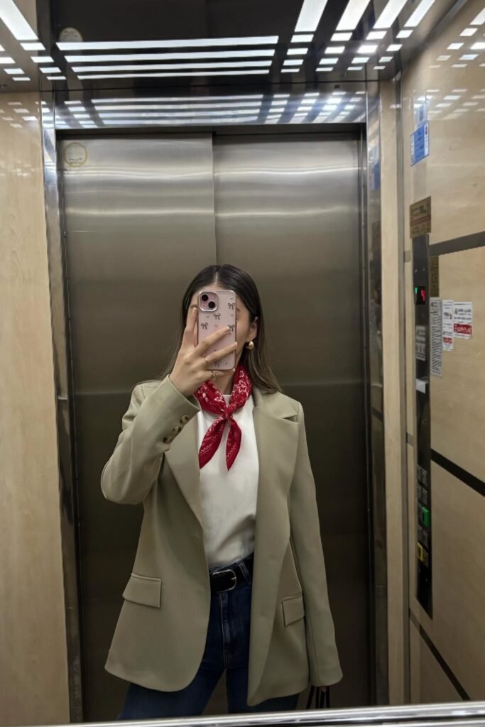 Beige Oversized Blazer + White T-shirt + Red Bandana + Dark Wash Jeans