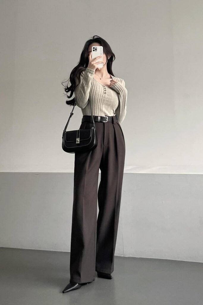 Beige Ribbed Button-Up Top + Brown High-Waisted Trousers + Black Pointed Heels
