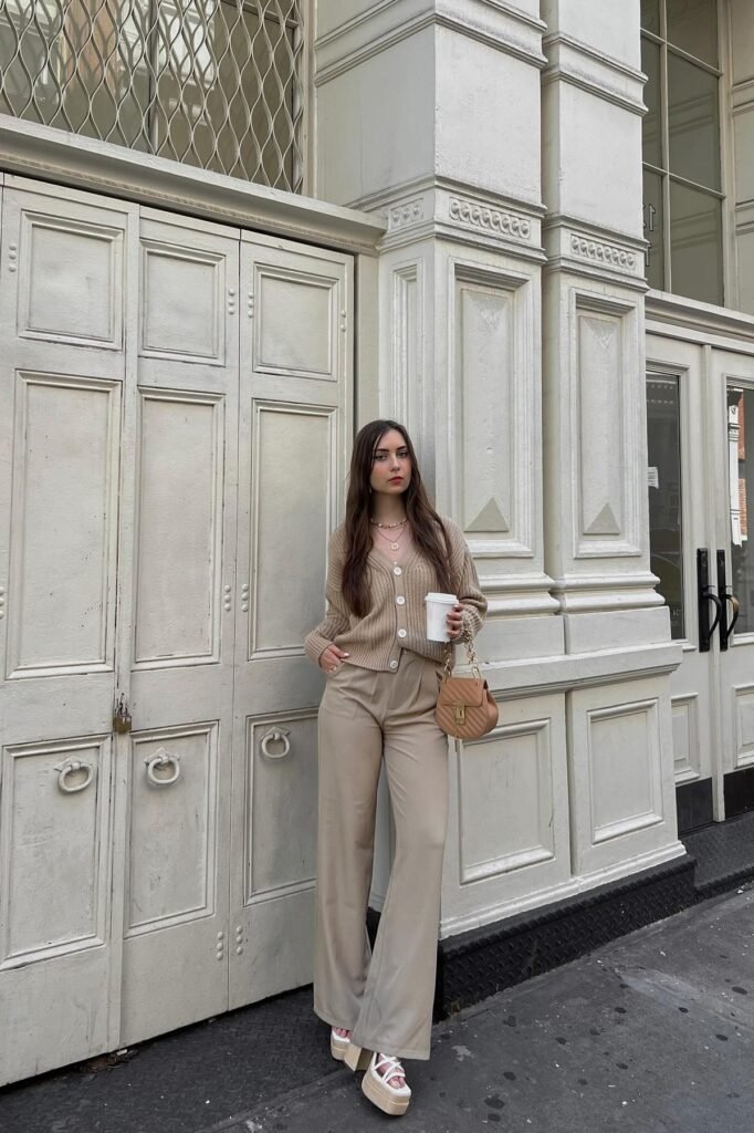 Beige Ribbed Cardigan + Beige Wide Leg Trousers + White Strappy Platform Sandals
