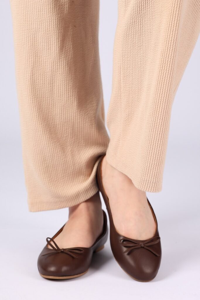 Beige Ribbed Knit Trousers + Chocolate Brown Bow Ballet Flats