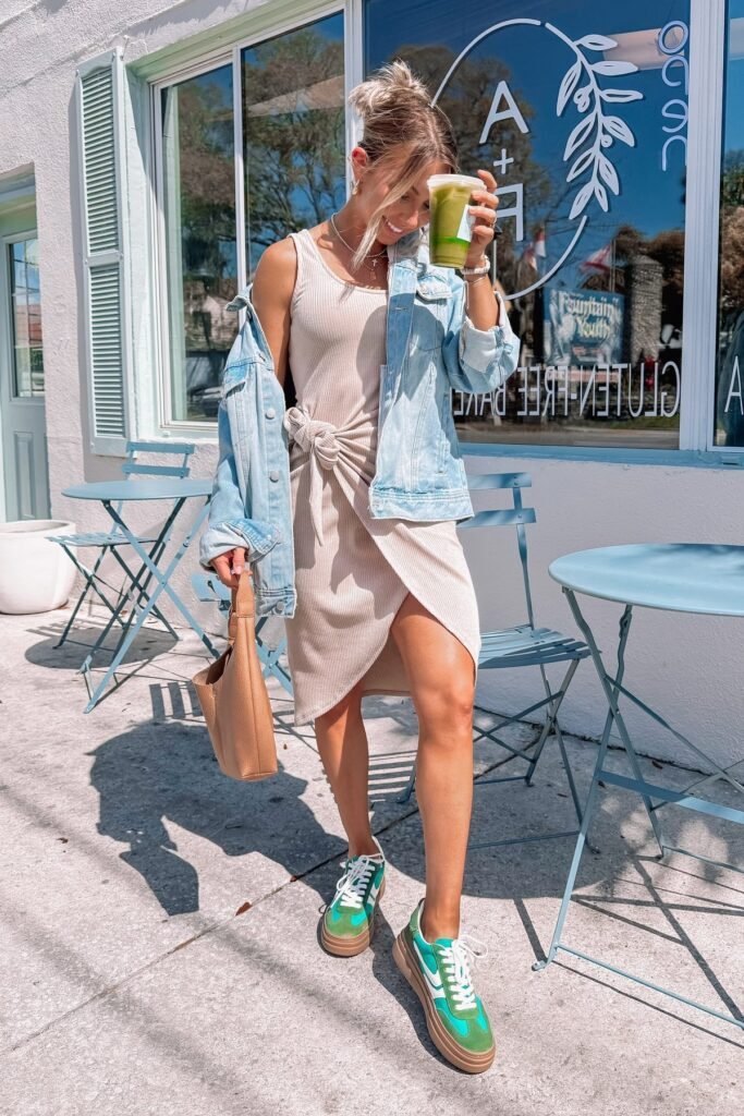 Beige Ribbed Wrap Dress + Light Wash Denim Jacket + Green and White Sneakers