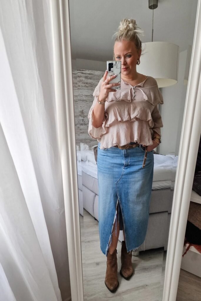 Beige Ruffled Blouse + Denim Maxi Skirt with Slit + Brown Suede Boots