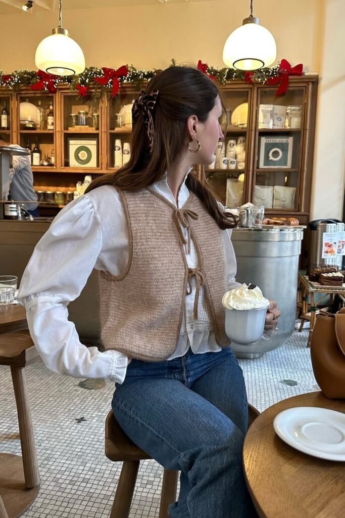 Beige Tie-Front Knit Vest + White Puff-Sleeve Blouse + Classic Blue Jeans