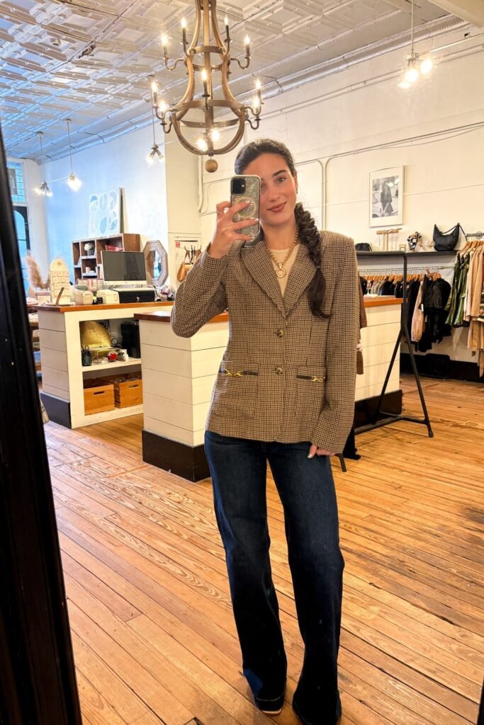 Beige Top + Brown Checked Blazer + Dark Wash Wide Leg Jeans + Tan Platform Clogs