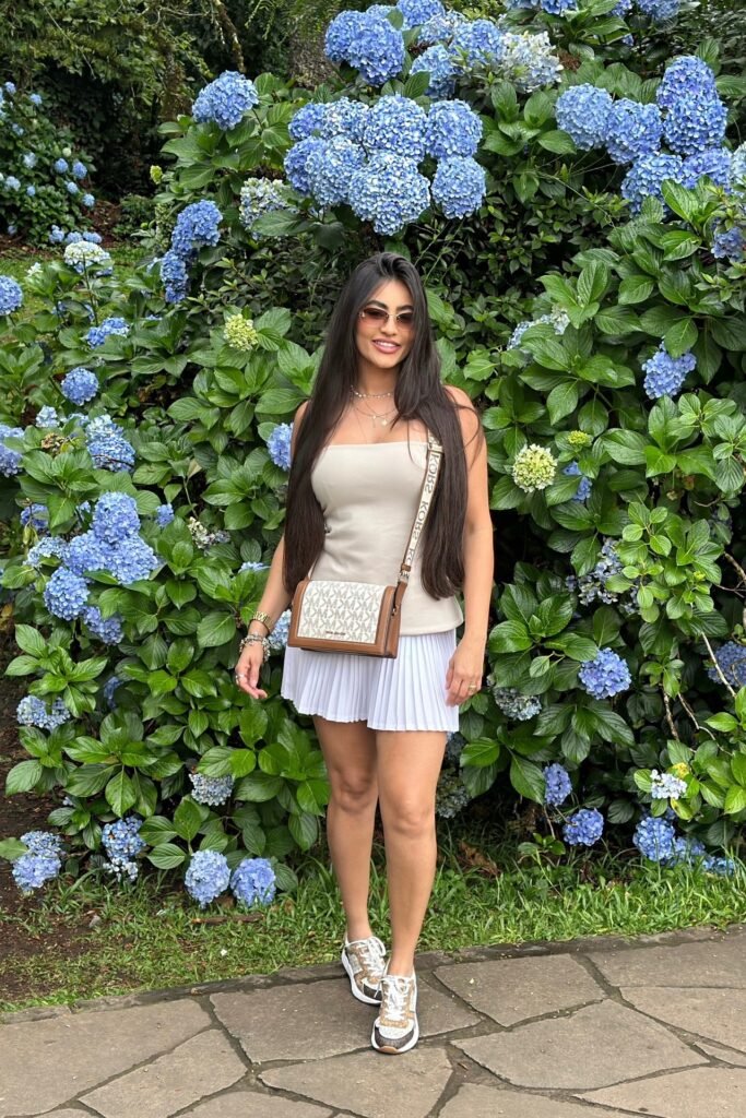 Beige Tube Top + White Pleated Mini Skirt + Brown Monogram Sneakers