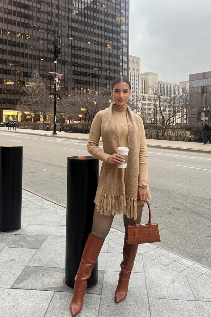 Beige Turtleneck Mini Dress + Matching Oversized Scarf + Tan Knee High Boots