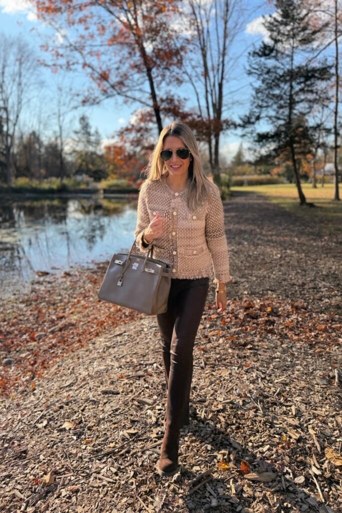 Beige Tweed Jacket + Dark Brown Leather Trousers + Brown Suede Boots