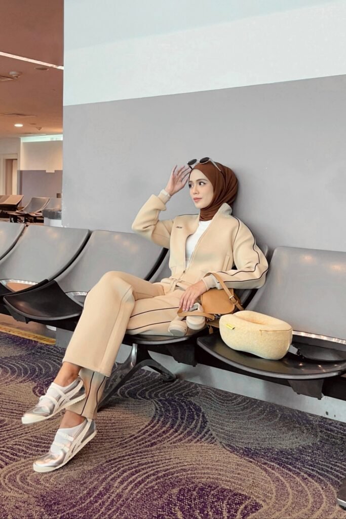 Beige Zip-Up Tracksuit + Brown Hijab + Silver Metallic Sneakers