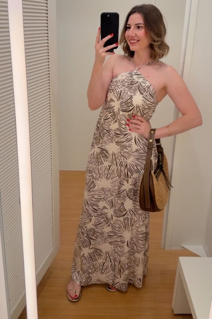 Beige and Black Abstract Fan Print Halter Maxi Dress + Gold Strappy Sandals