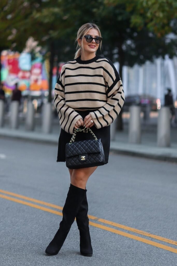 Beige and Black Striped Oversized Sweater + Black Mini Skirt + Black Suede Over the Knee Boots