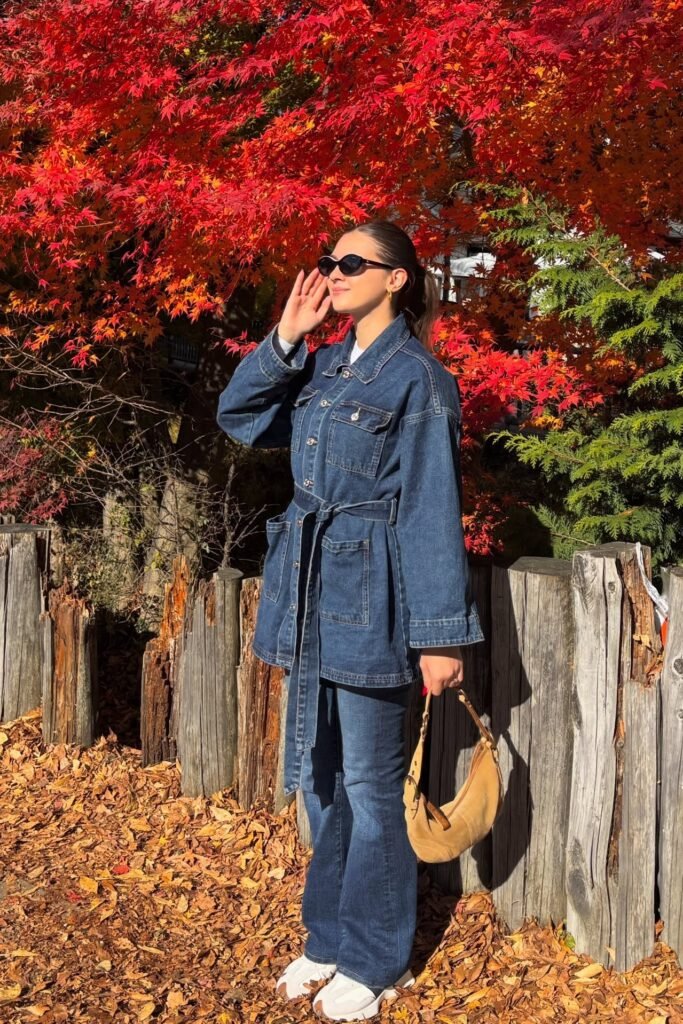 Belted Denim Jacket + Flared Denim Jeans + White Platform Sneakers
