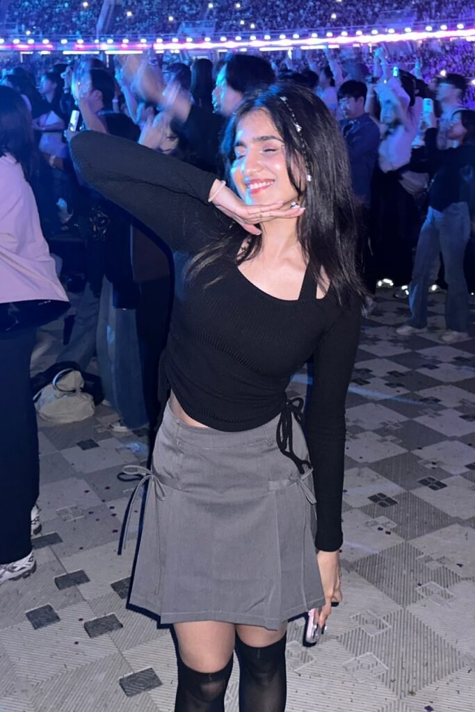 Black Asymmetrical Tie-Side Top + Grey Pleated Mini Skirt + Black Over-the-Knee Stockings