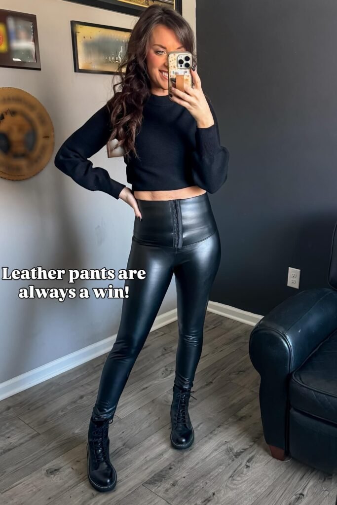 Black Balloon-Sleeve Crop Sweater + High-Waisted Corset Leather Pants + Black Lace-up Combat Boots