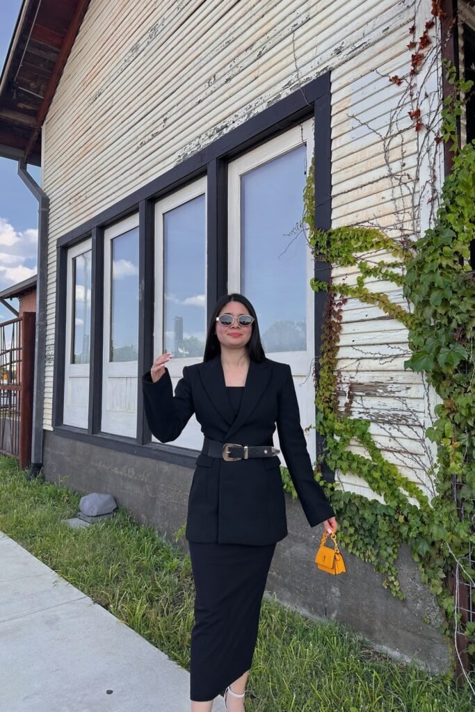 Black Belted Blazer + Black Column Maxi Skirt + Yellow Mini Bag