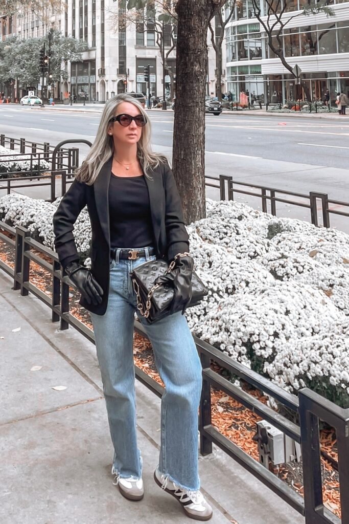 Black Blazer + Black Scoop Neck Top + Light Wash Straight Leg Jeans + Black and White Sneakers