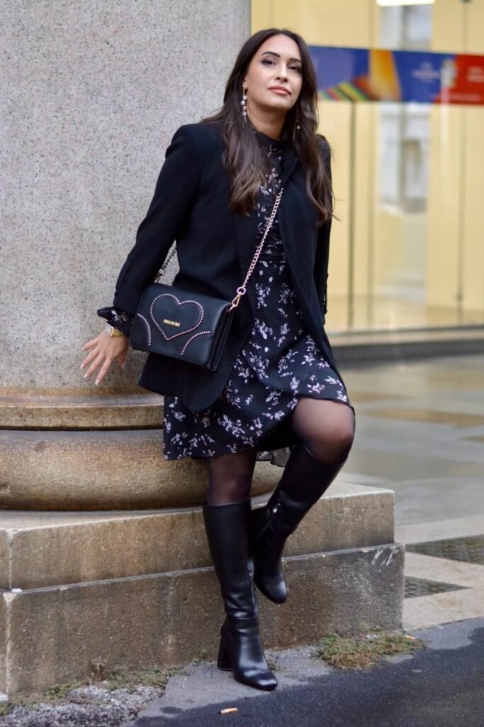 Black Blazer + Floral Mini Dress + Black Tights + Black Knee-High Boots