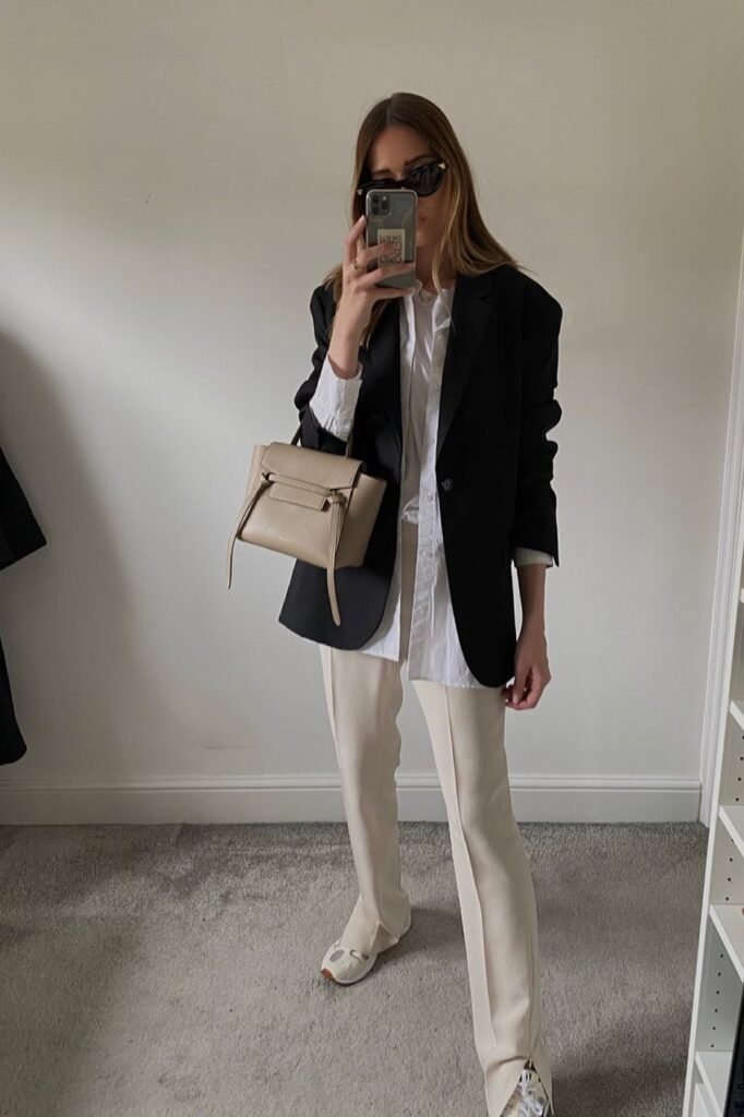Black Blazer + White Button Down + Beige Tailored Trousers + White Sneakers