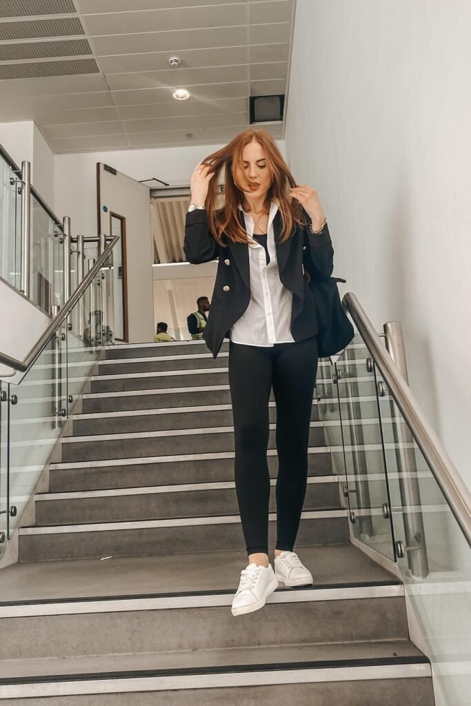 Black Blazer + White Button-Down Shirt + Black Leggings + White Leather Sneakers