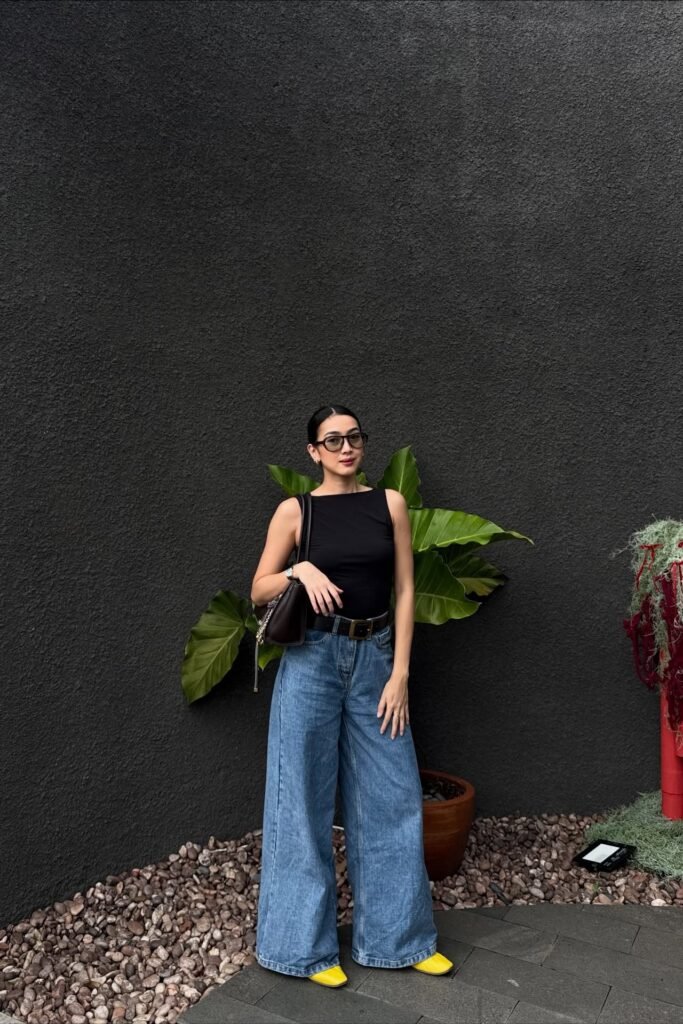 Black Boat-Neck Tank Top + Wide-Leg Blue Jeans + Yellow Square-Toe Flats