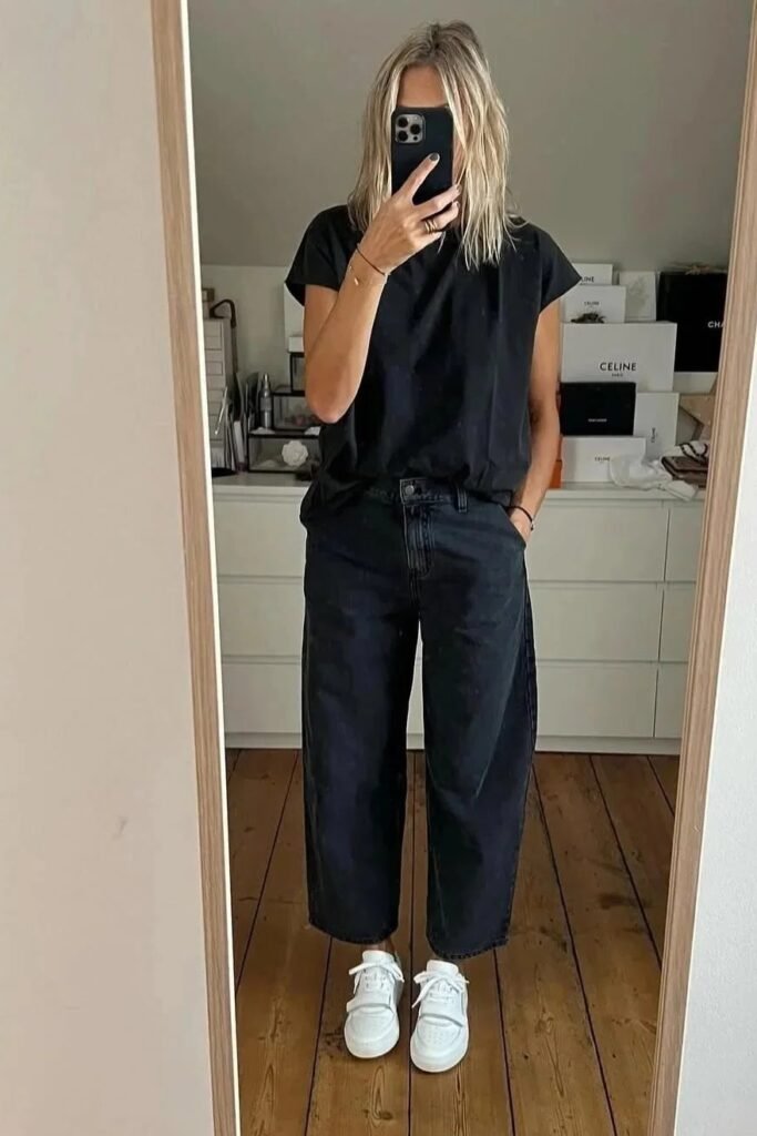 Black Boxy T-Shirt + Black Horseshoe Jeans + White Velcro Sneakers