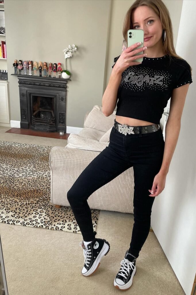 Black "Bratz" Graphic Baby Tee + Black Skinny Jeans + Black & White Platform Sneakers