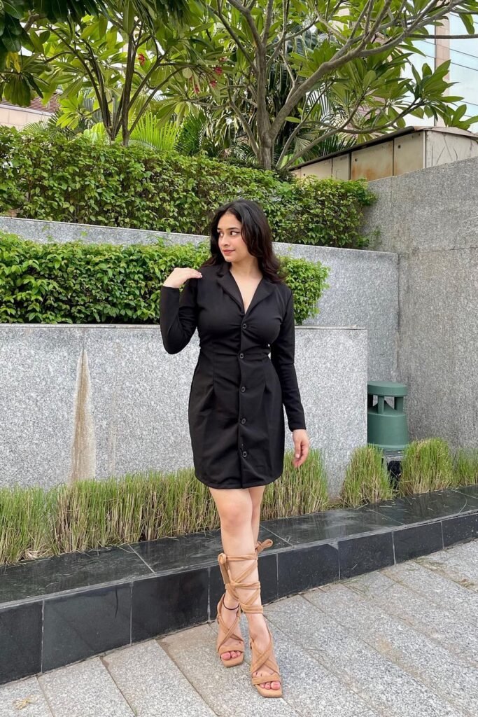 Black Button-Down Mini Blazer Dress + Tan Lace-Up Gladiators