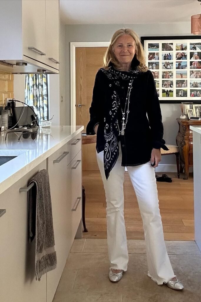 Black Button Down Shirt + Printed Scarf + White Frayed Hem Flare Jeans + Silver Ballet Flats