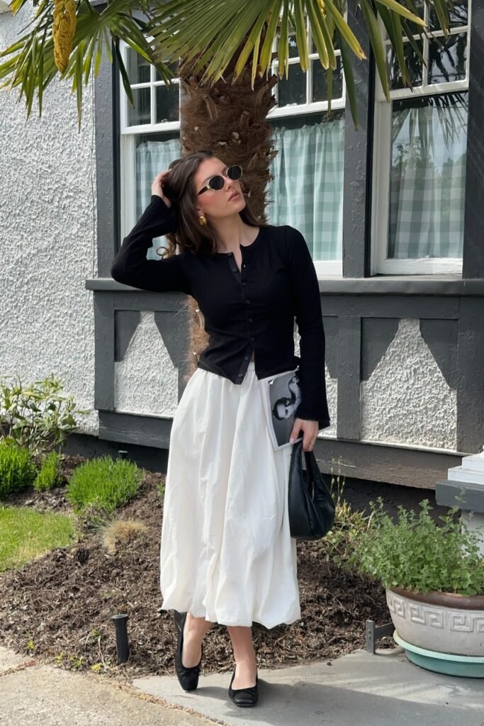 Black Button-Up Cardigan + White Balloon Midi Skirt + Black Ballet Flats