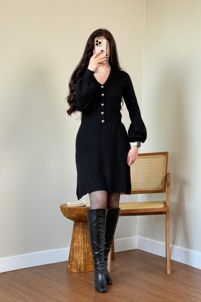 Black Button-Up Knit Mini Dress + Sheer Black Tights + Black Knee-High Boots