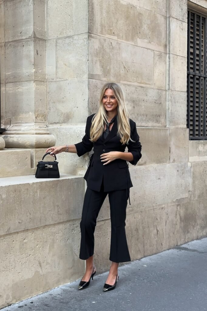 Black Cinched Blazer + Black Cropped Flared Trousers + Black Slingback Heels