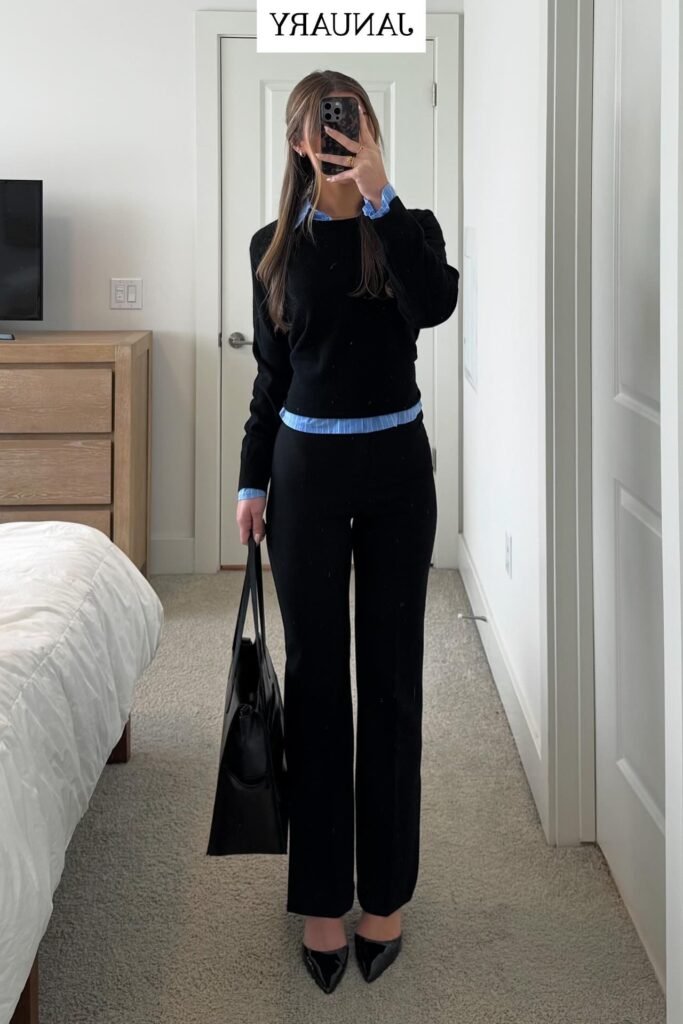 Black Crewneck Sweater + Blue Striped Button Down + Black Flared Trousers + Black Patent Pumps