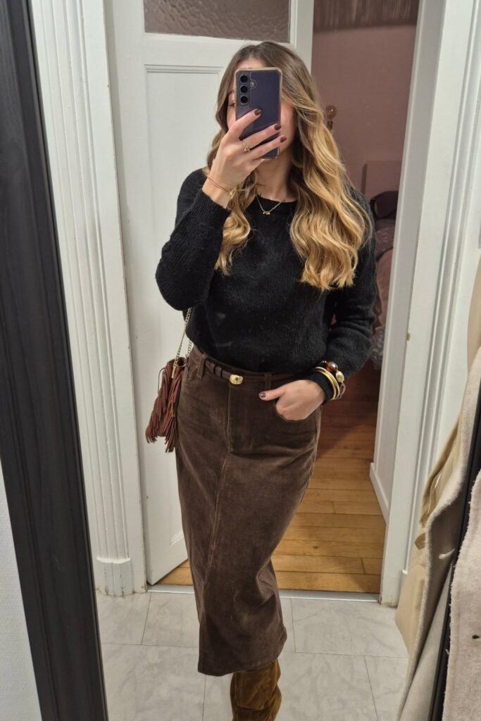 Black Crewneck Sweater + Brown Corduroy Maxi Skirt + Brown Suede Boots