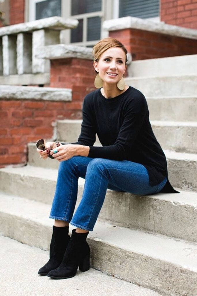 Black Crewneck Sweater + Medium Wash Straight Jeans + Black Pointed-Toe Ankle Boots