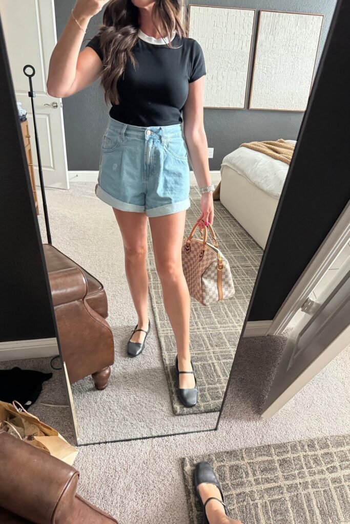 Black Crewneck T Shirt + Light Wash Denim Shorts + Black Mary Jane Flats