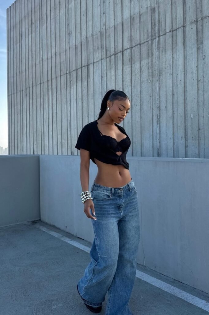 Black Crop Tee over Lace Bralette + Baggy Blue Jeans + Black Boots