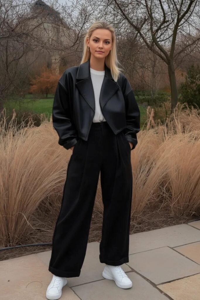 Black Cropped Leather Jacket + White T Shirt + Black Wide Leg Trousers + White Sneakers