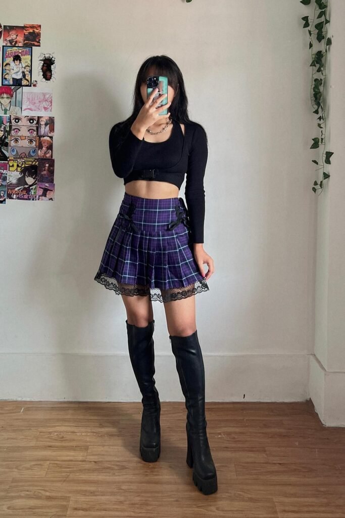 Black Cut Out Long Sleeve Crop Top + Purple Plaid Pleated Mini Skirt with Lace Trim + Black Platform Knee High Boots