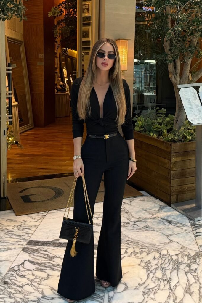 Black Deep-V Knot Top + Black Flared Trousers + Gold Hardware Chain Bag
