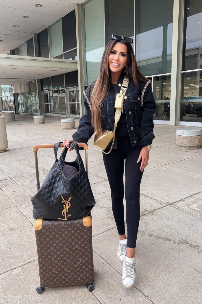 Black Denim Jacket + Black Leggings + White Low-Top Sneakers