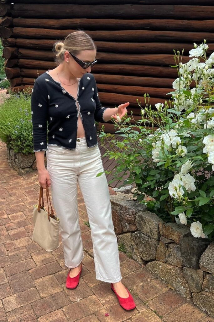 Black Embroidered Cardigan + White Straight Leg Jeans + Tan Tote + Red Square Toe Flats