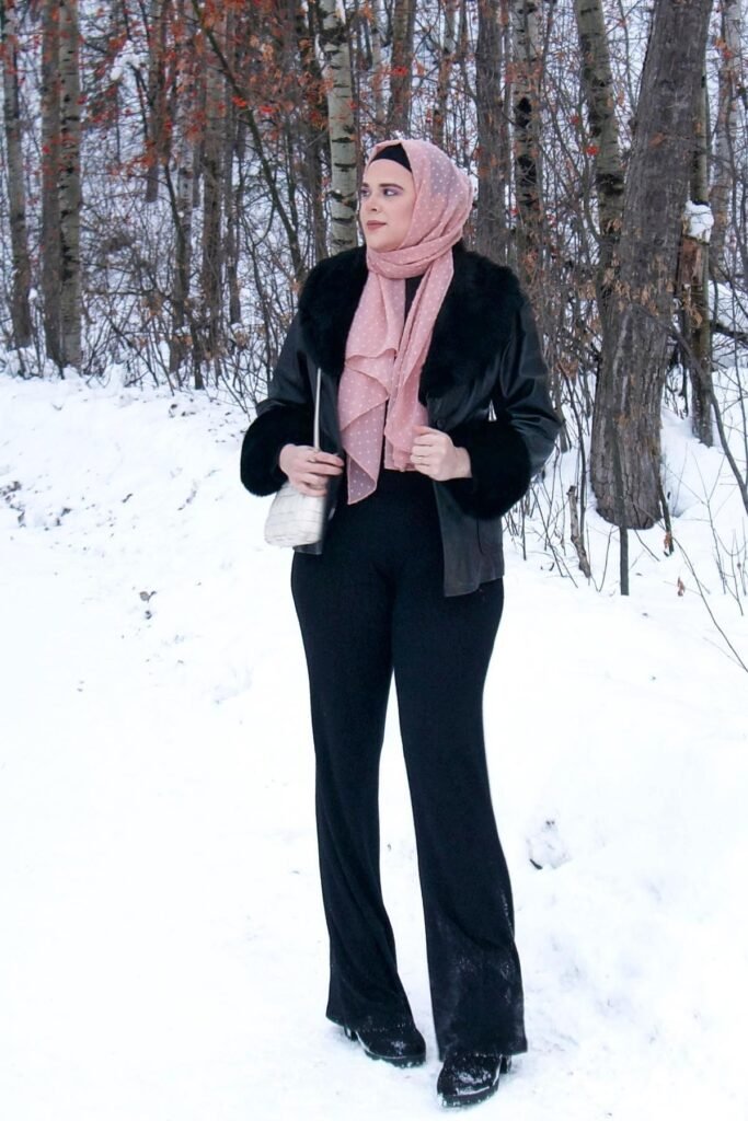 Black Faux Fur Trim Leather Jacket + Black Flare Trousers + Pink Polka Dot Hijab