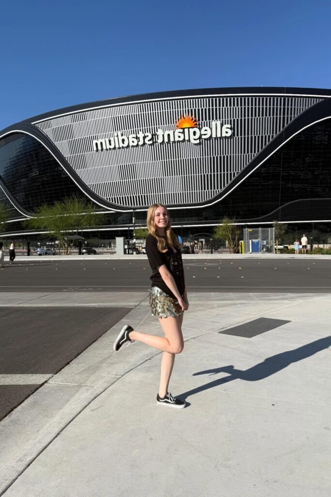 Black Graphic T-Shirt + Gold Sequin Mini Skirt + Black & White Vans Sneakers