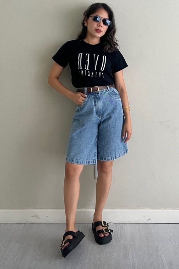 Black Graphic T-Shirt + Light Wash Denim Shorts + Black Double-Strap Sandals
