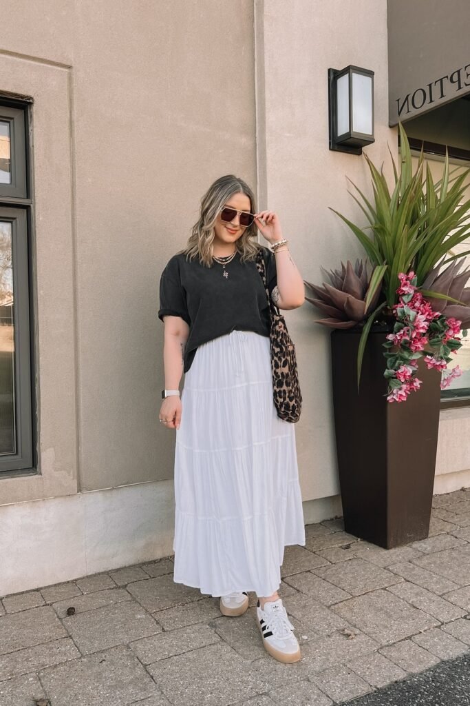Black Graphic T Shirt + White Tiered Maxi Skirt + White Adidas Samba Sneakers