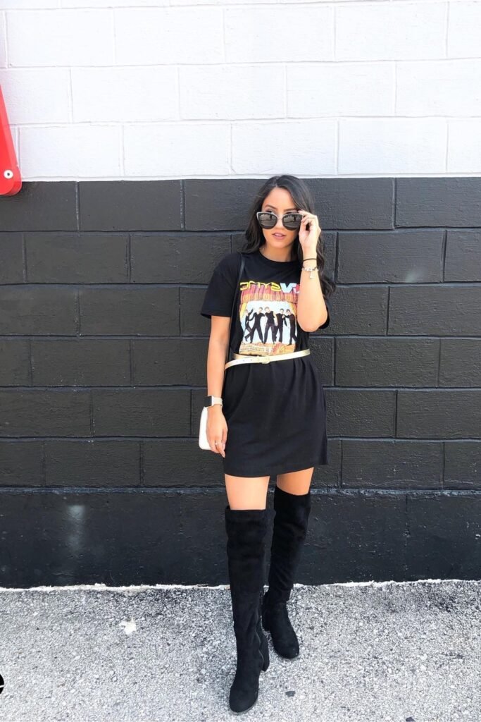 Black Graphic T-shirt Dress + Gold Belt + Black Over-the-Knee Boots