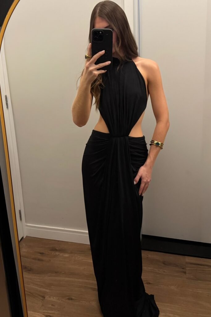 Black Halter-Neck Cut-Out Maxi Dress + Gold Stacked Bracelets