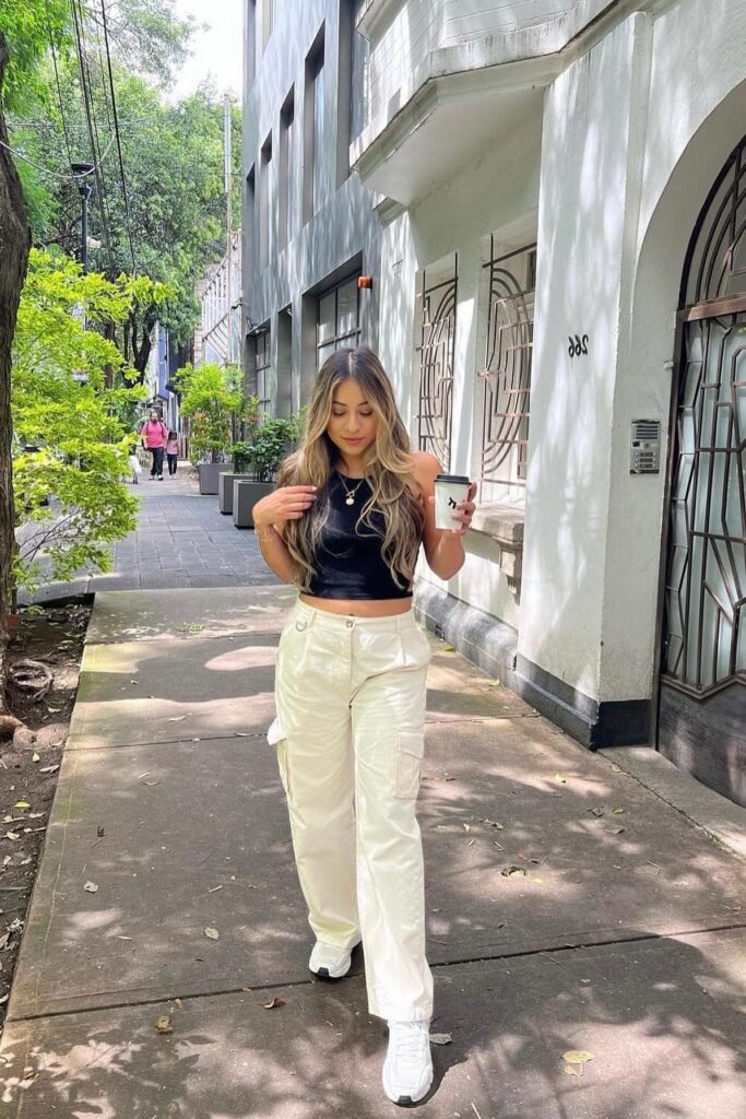 Black High-Neck Crop Top + Off-White Cargo Pants + White Chunky Sneakers