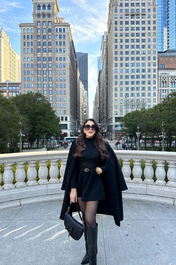 Black High Neck Mini Dress + Black Over the Shoulder Coat + Black Pointed Toe Boots