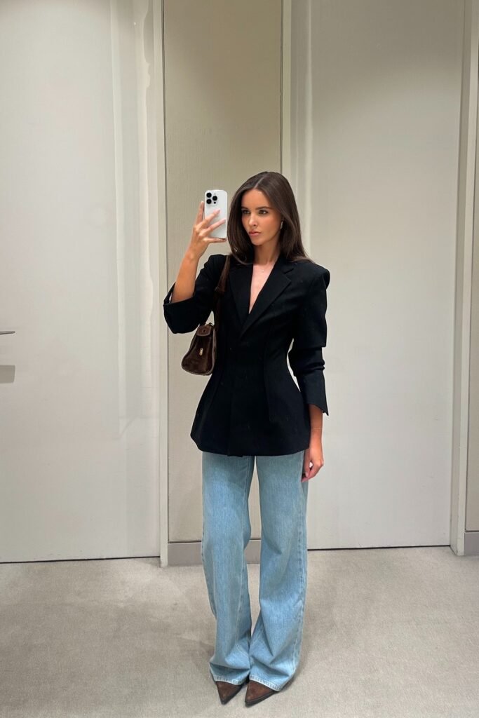 Black Hourglass Blazer + Light Wash Wide Leg Jeans + Brown Pointed Suede Boots