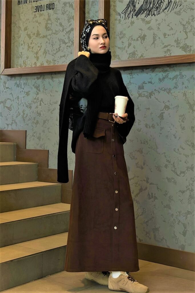 Black Knit Sweater + Brown Button-Front Suede Skirt + Floral Black Hijab + Beige Sneakers